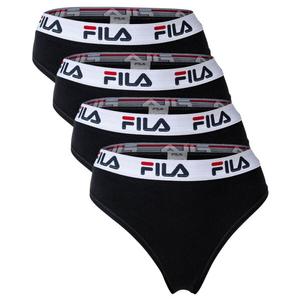 FILA Damen String, 4er Pack - Logo-Bund, Cotton Stretch, einfarbig Schwarz XS