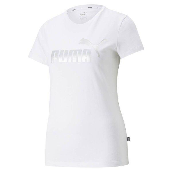 PUMA Women T-Shirt - ESS+ Metallic Logo Tee, round Neck, short Sleeve, uni White XS (X-Small)