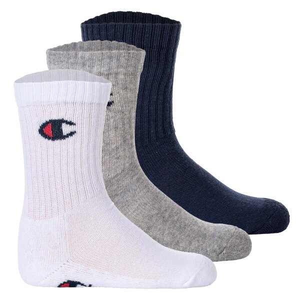 Champion Kinder Socken, 3er Pack - Crew Socken, einfarbig Blau/Weiß/Grau 27-30