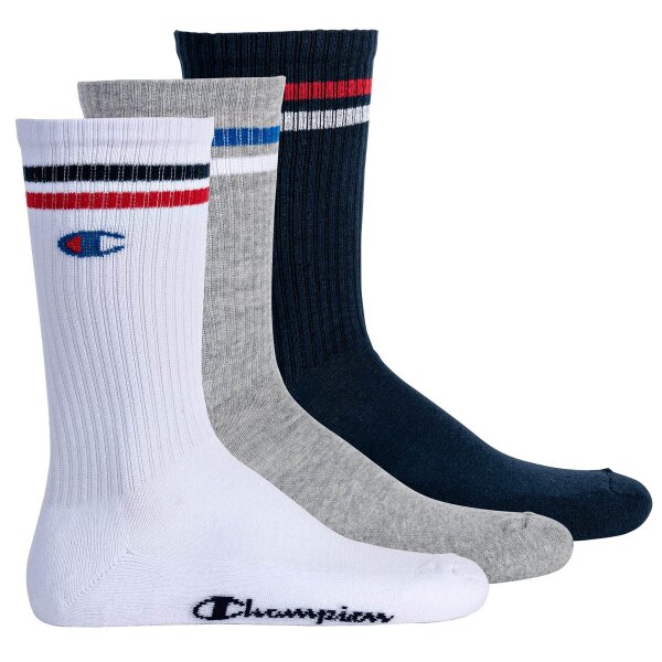 Champion Unisex Socks, 3 Pair - Crew Socks, Logo, Stripes Blue/White/Grey EU 39-42 (UK 6-8)