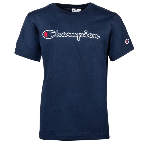 Champion Kids Unisex T-Shirt - Crewneck, Round Neck, Cotton, Large Logo, Solid Color Blue S (Small)