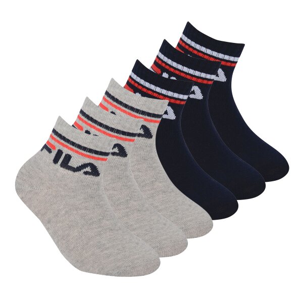 FILA Kinder Socken, 6er Pack - Qaurter, Logo, Streifen, einfarbig Blau/Grau 23-26