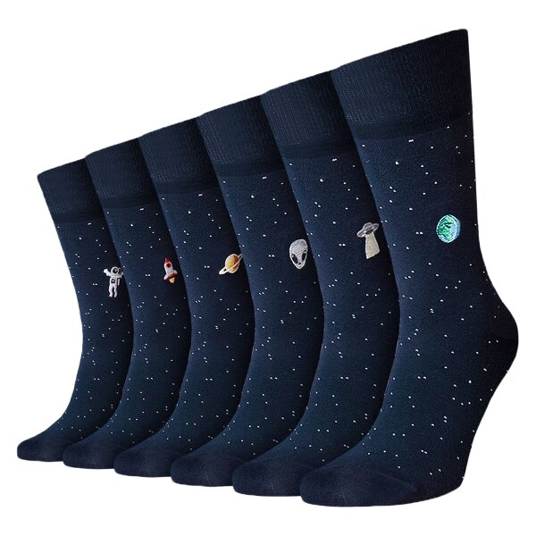 Von Jungfeld Herren Socken, 6er Pack - Motivsocken, Geschenkbox, gemischte Farben Weltraumspaziergang 39-42