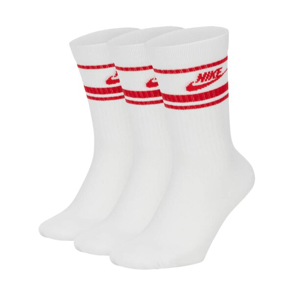 NIKE Unisex 3er Pack Sportsocken - Everyday Essential Stripe, einfarbig Weiß/Rot 42-46