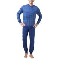 hajo Herren Schlafanzug Set - lang, Bündchen, V-Neck, Klima-Light, Cotton-Mix Blau M