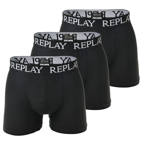 REPLAY Herren Boxershorts, 3er Pack - Unterhosen, Baumwolle, Logo, einfarbig Schwarz L