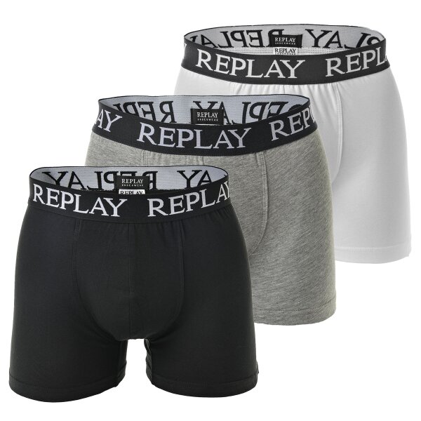REPLAY Herren Boxershorts, 3er Pack - Unterhosen, Baumwolle, Logo, einfarbig Schwarz/Grau/Weiß M