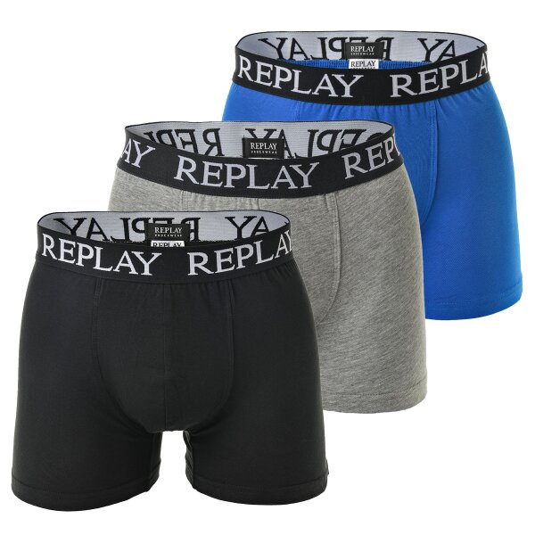 REPLAY Herren Boxershorts, 3er Pack - Unterhosen, Baumwolle, Logo, einfarbig Schwarz/Grau/Blau L