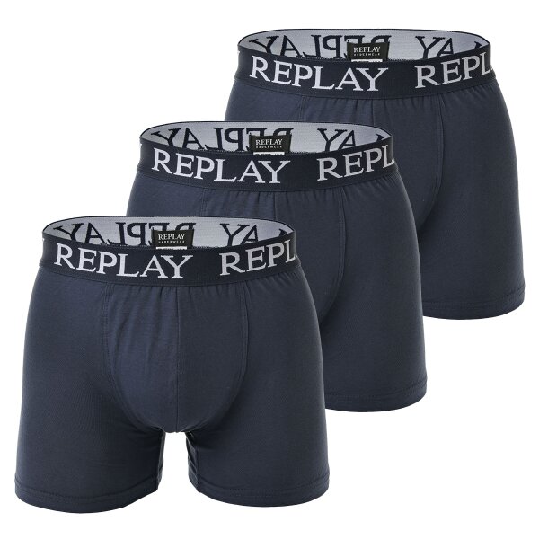 REPLAY Herren Boxershorts, 3er Pack - Unterhosen, Baumwolle, Logo, einfarbig Dunkelblau XL