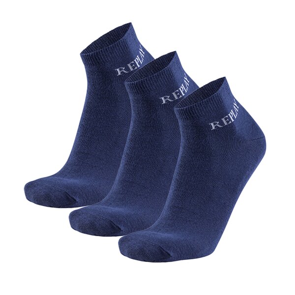 REPLAY Unisex Quarter Socken, 3er Pack - Kurzsocken, Baumwolle, Logo, einfarbig Dunkelblau 43-46