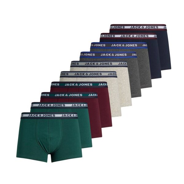 JACK&JONES Herren Boxer Shorts, 10er Pack - JACSOLID, Trunks, Baumwoll-Stretch, Logo einfarbig Grün/Rot/Beige/Grau/Dunkelblau XL