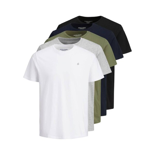 Jack & Jones Mens T-Shirt, 5-Pack - JORJXJ, T-Shirt, Short Sleeve, Round Neck, Cotton, Logo, solid color
