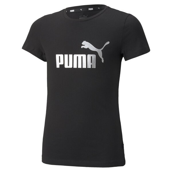 PUMA Girls T-Shirt - ESS+ Metallic LOGO TEE, Round neck, Short sleeve, Plain Black 104
