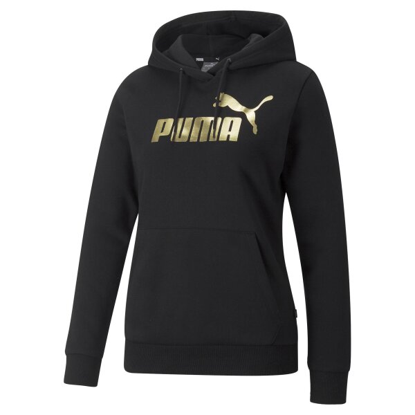 PUMA Womens Pullover - ESS+ Metallic Logo Hoodie, round Neck, long Sleeve, Hood, uni Black/Gold XS (X-Small)