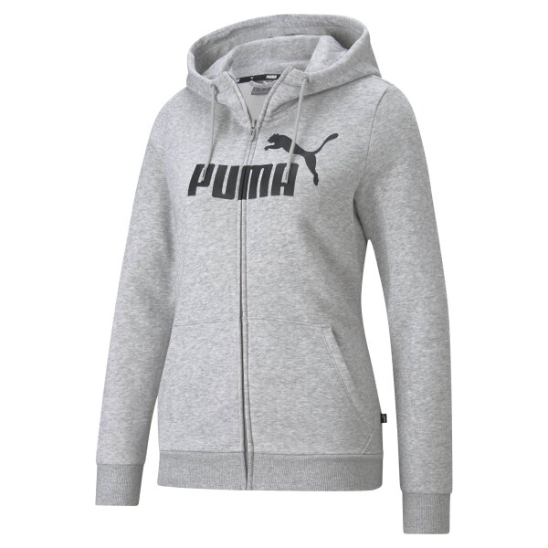 PUMA Ladies Hooded Jacket - ESS Logo Full-Zip Hoodie, Round Neck, Long Sleeve, Hood, Plain Grey S (Small)