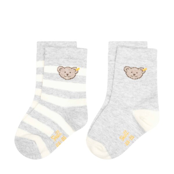 Steiff Kinder Unisex Socken, 2er Pack - Bio-Baumwolle, Teddy-Motiv, uni/gestreift Grau 23-26