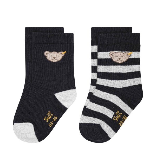 Steiff Kinder Unisex Socken, 2er Pack - Bio-Baumwolle, Teddy-Motiv, uni/gestreift Blau 19-22
