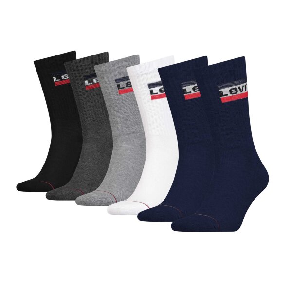 Levis Unisex 6-Pack Sports Socks - Regular Cut SPRTWR, Logo, ECOM White/Grey/Blue 39-42