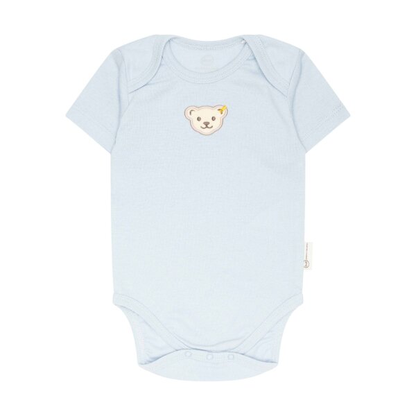 Steiff Baby Body - Strampler, Baumwolle, Bär, Logo, kurzarm, einfarbig Hellblau 74
