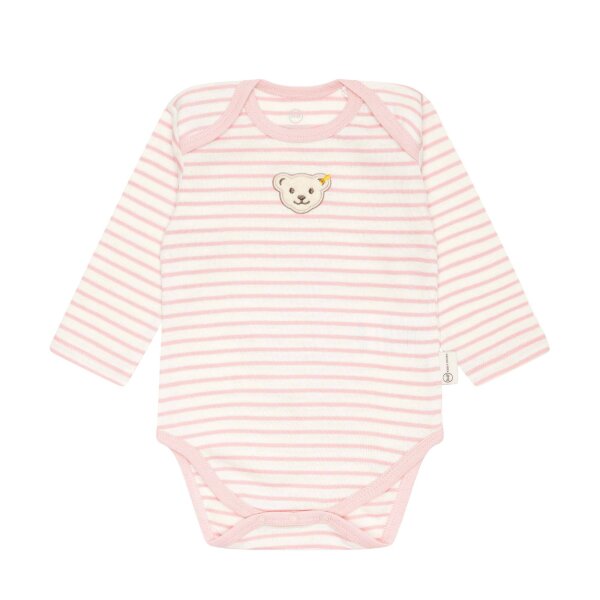 Steiff Baby Body - Strampler, Baumwolle, Bär, Streifen, Logo, langarm Rosa/Weiß 86