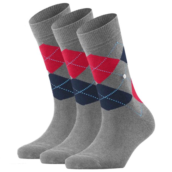 Burlington Damen Socken 3er Pack - Queen, Kurzstrümpfe, Baumwolle, Rautenmuster, Logoemblem Grau/Blau/Rot 36-41