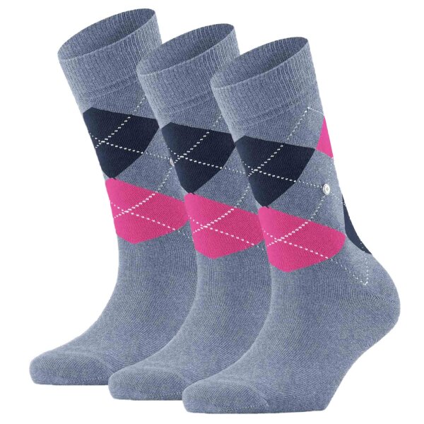Burlington Damen Socken 3er Pack - Queen, Kurzstrümpfe, Baumwolle, Rautenmuster, Logoemblem Blaugrau/Pink/Dunkelblau 36-41