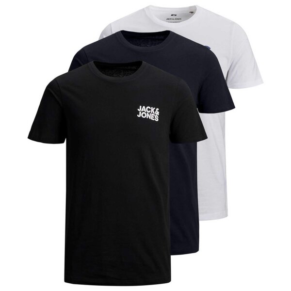 JACK&JONES Herren T-Shirt, 3er Pack - JJECORP LOGO TEE O-NECK, Logo-Print, Baumwolle Weiß/Marineblau/Schwarz M