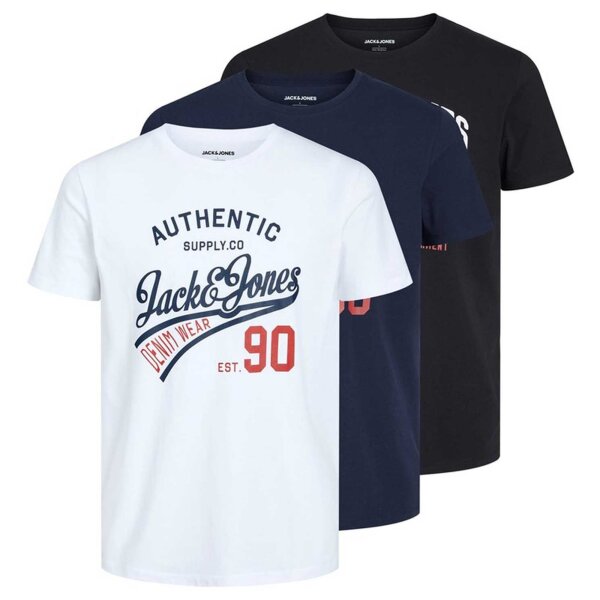 JACK&JONES Herren T-Shirt, 3er Pack - JJETHAN TEE CREW NECK, Vintage Logo, Baumwolle Weiß/Marineblau/Schwarz 2XL