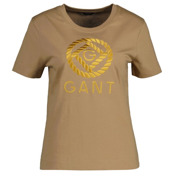 GANT Damen T-Shirt - ROPE ICON T-SHIRT, Rundhals, Logo Stickerei, Baumwolle, uni Beige L
