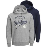 JACK&JONES Mens Hoodie, 2-pack - JJETHAN SWEAT HOOD, pullover, logo Grey/Dark Blue XL (X-Large)