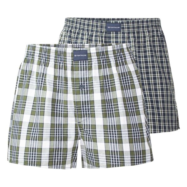 TOM TAILOR Mens Woven Boxer Shorts, 2-Pack - Underwear, Underpants, Cotton, Logo, checkered Blue/Green/White S (Small)