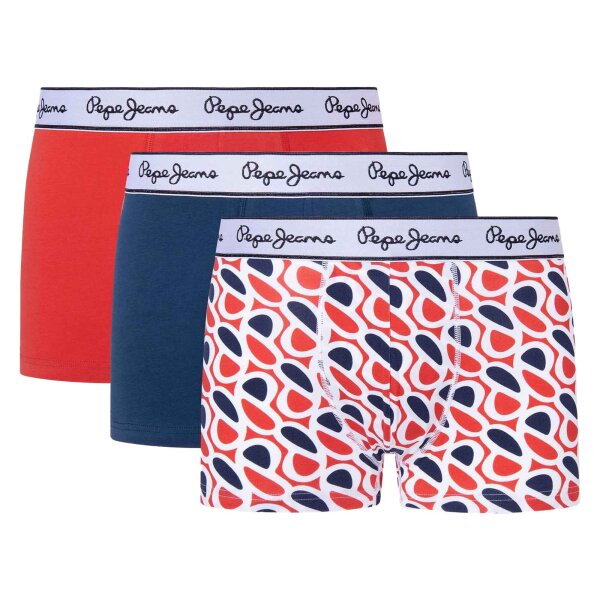 Pepe Jeans Mens Trunks, 3 Pack - Underwear, Cotton, Logo Waistband, Pattern, Solid Color