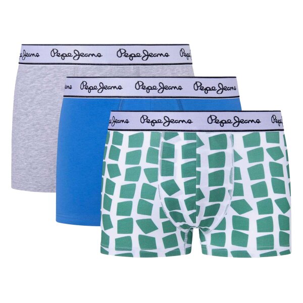 Pepe Jeans Mens Trunks, 3 Pack - Underwear, Cotton, Logo Waistband, Pattern, Plain, Patterned