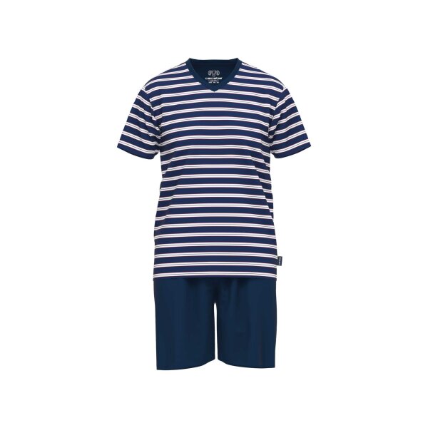 CECEBA Herren Schlafanzug - Pyjama, Baumwollmischung, V-Ausschnitt, Logo, Streifen, kurz, einfarbig