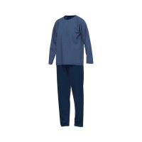 CECEBA Herren Schlafanzug - Pyjama, Baumwollmischung, Rundhals, Logo, lang, einfarbig Blau M
