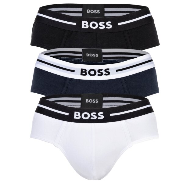 BOSS Mens Hip Briefs, 3-Pack - Bold, Underwear, Underpants, Cotton Blend, Logo, solid color