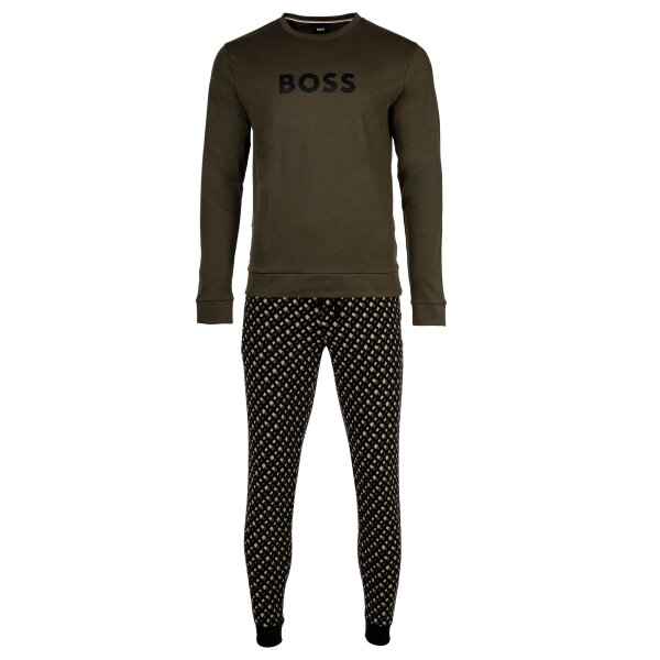 BOSS Herren Schlafanzug - Relax Long Set Rib, Pyjama, Baumwolle, Rundhals, Logo, Bündchen, Muster, einfarbig