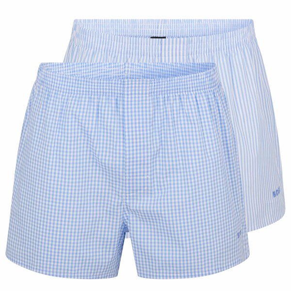 BOSS Herren Web-Boxershorts, 2er Pack - Woven Boxer, kariert, gestreift, Baumwolle Weiß/Blau L