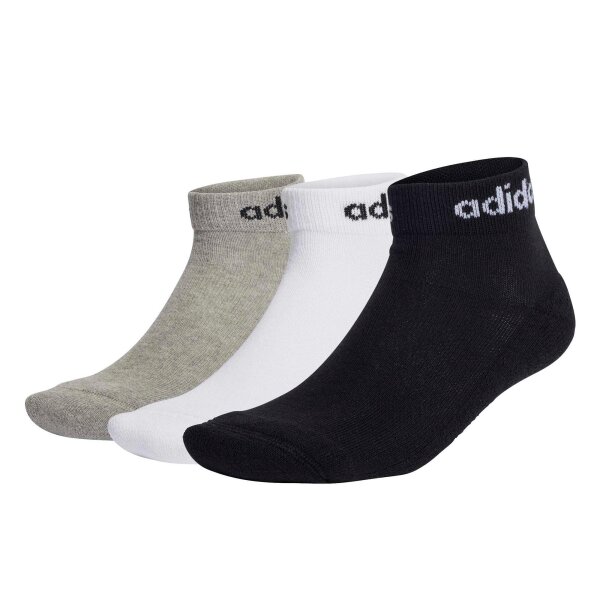 adidas Unisex Quarter Socken, 3er Pack - Linear Cushioned Ankle, Logo, gepolstert, einfarbig Schwarz/Grau/Weiß 37-39