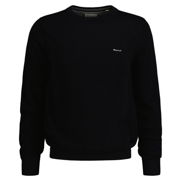 GANT Herren Pique-Strickpullover, Rundhals - COTTON PIQUE C-NECK, Baumwolle Schwarz M