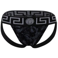 VERSACE Herren Jockstrap - Jocks, Tanga Slip, Stretch Cotton, Barocco Muster Schwarz/Grau 3XL
