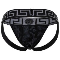 VERSACE Herren Jockstrap - Jocks, Tanga Slip, Stretch Cotton, Barocco Muster Schwarz/Grau 3XL
