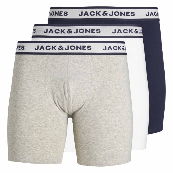 JACK&JONES Herren Boxershorts, 3er Pack - JACSOLID, Baumwoll-Stretch, einfarbig Grau/Weiß/Navy L