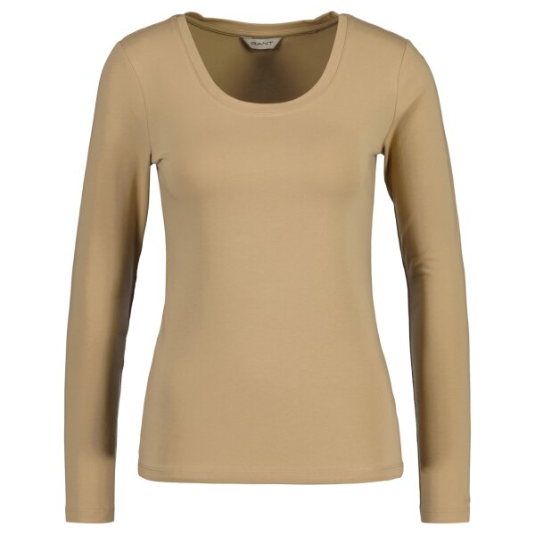 GANT Damen Langarm-Shirt - Scoop Neck Top, Longsleeve, U-Ausschnitt, Cotton Stretch Beige (Dark Khaki) XS