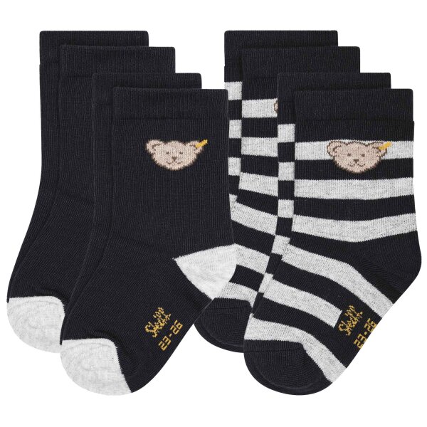 Steiff Kinder Unisex Socken, 4er Pack - Bio-Baumwolle, Teddy-Motiv, uni/gestreift Blau 19-22