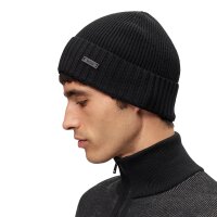BOSS Herren Mütze, Schurwolle - Fati, Beanie, Rippstrick, One Size, einfarbig Schwarz