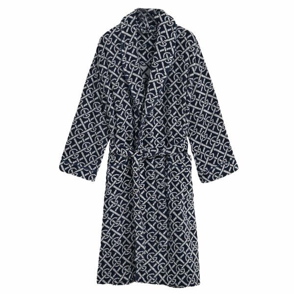 GANT Unisex Bademantel - G-PATTERN ROBE, Schalkragen, Frotteevelours, Bio-Baumwolle Blau L