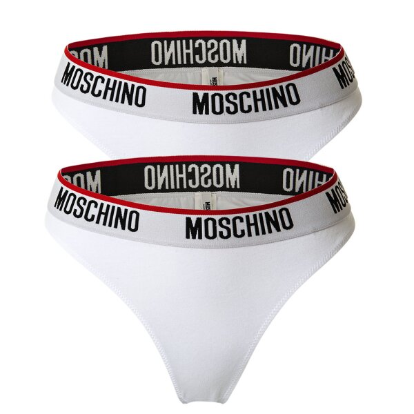 MOSCHINO Damen String 2er Pack - Unterhose, Baumwollmischung, Logobund, uni Weiß L