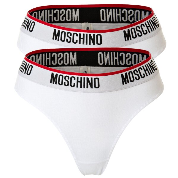 MOSCHINO Damen Brazilian Slips 2er Pack - Unterhose, Baumwollmischung, Logobund, uni Weiß XS