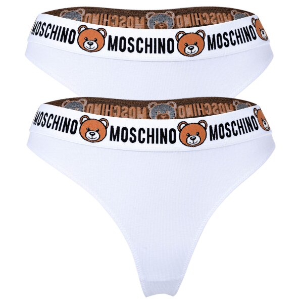 MOSCHINO Damen String 2er Pack - Underbear, Unterhose, Baumwollmischung, Logobund, uni Weiß XL